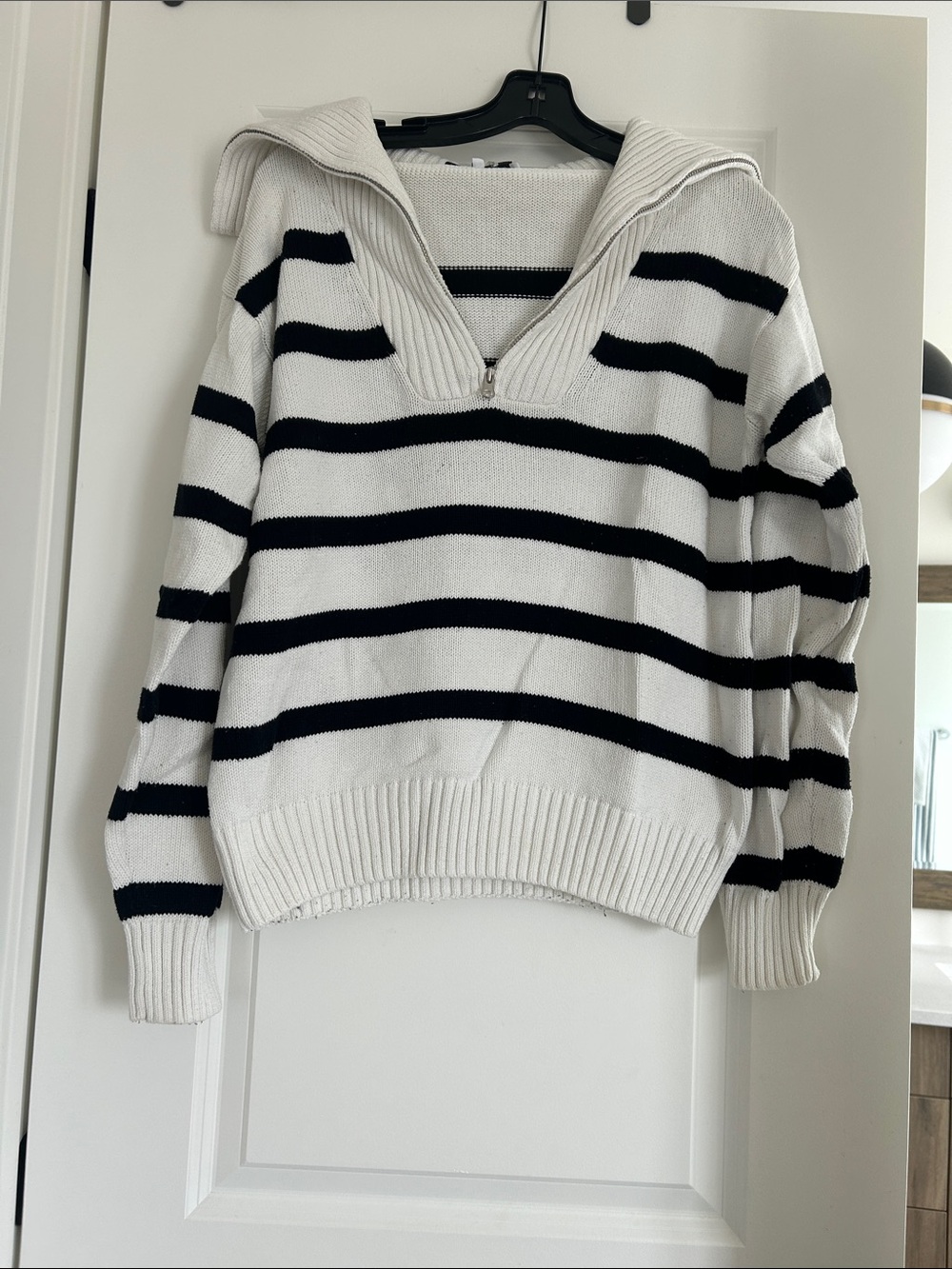 English Factory White V-Neck Half-Zip Sweater with Black Stripes